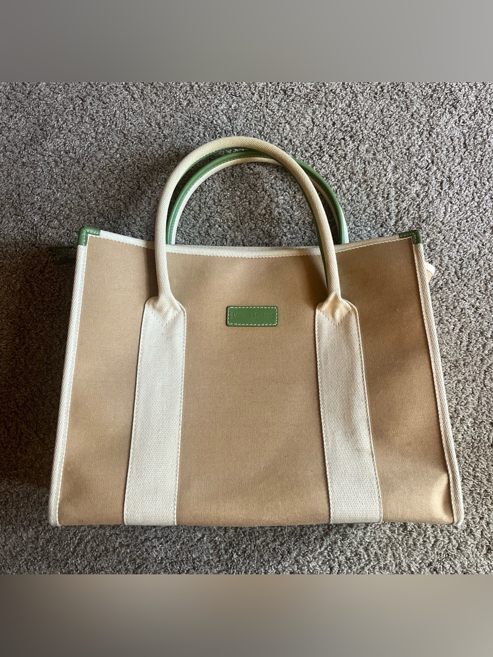 Dooney & Bourke Sony Canvas & Leather Laptop Tote Bag Purse Tan Green EUC Rare